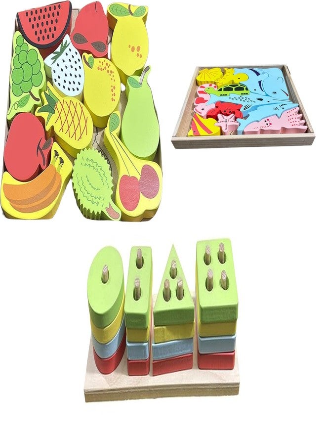 Kinder Creative 3D Fruits Stacking Puzzle,3D Sea Animals Stacking Puzzle,Geometrical Column Blocks for Toddlers, Educational Puzzle and Toys for Kids Pack of 3 - Image 1